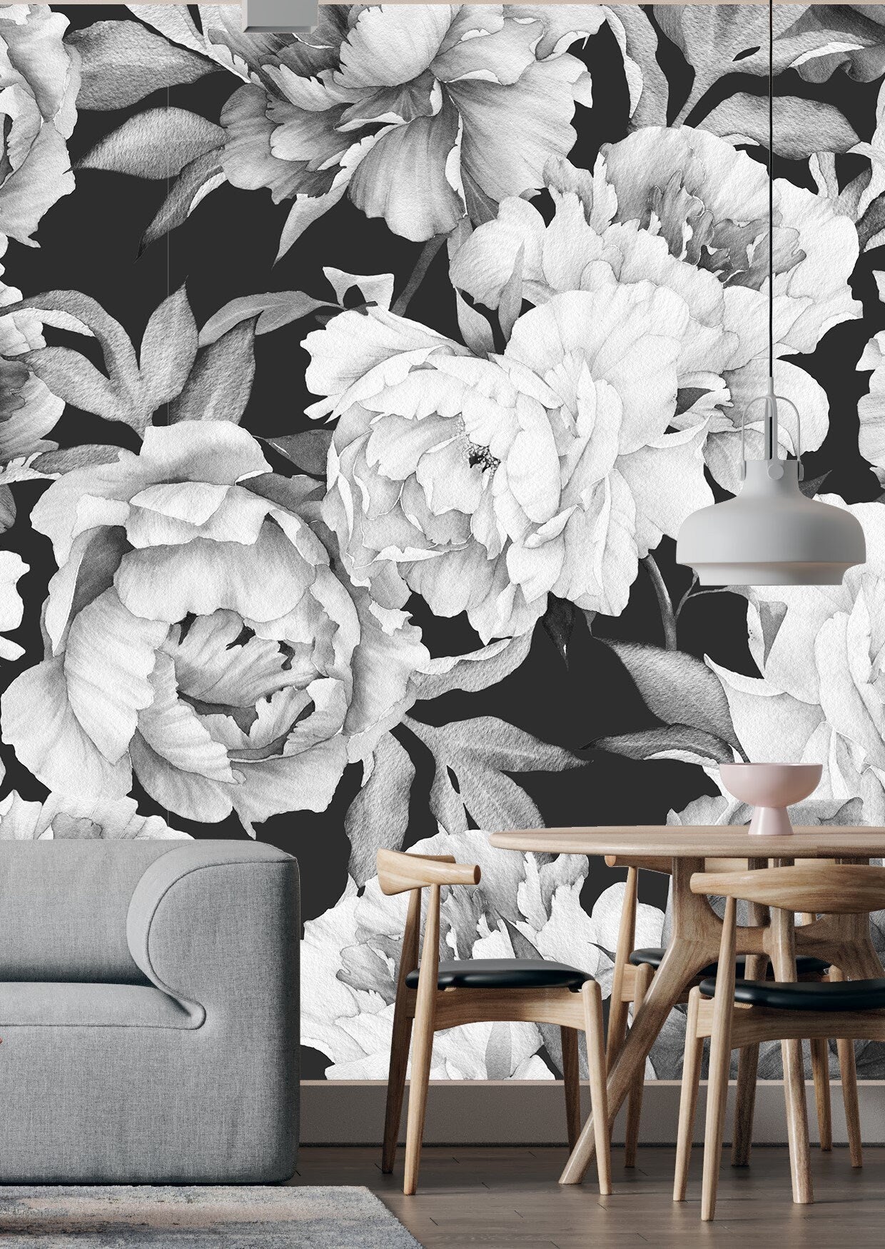 Dark Floral Wallpaper Peel and Stick, Watercolor Peony Wallpaper, Black and White Wallpaper, Removable Wall paper