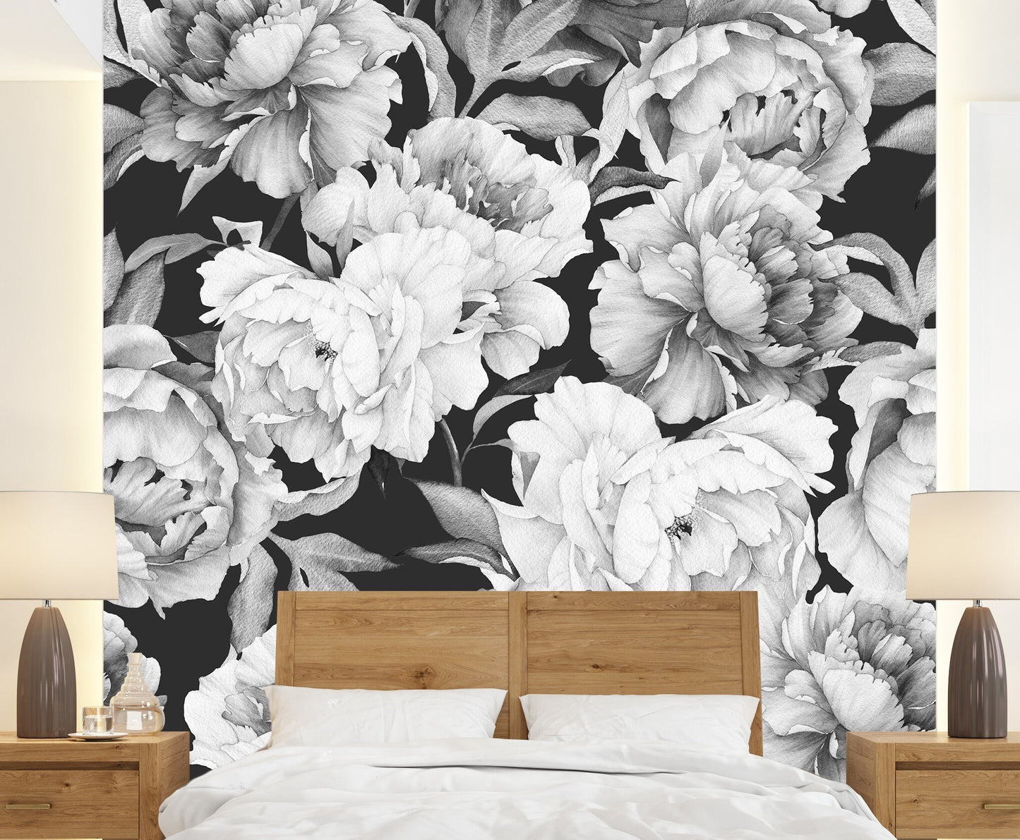Dark Floral Wallpaper Peel and Stick, Watercolor Peony Wallpaper, Black and White Wallpaper, Removable Wall paper