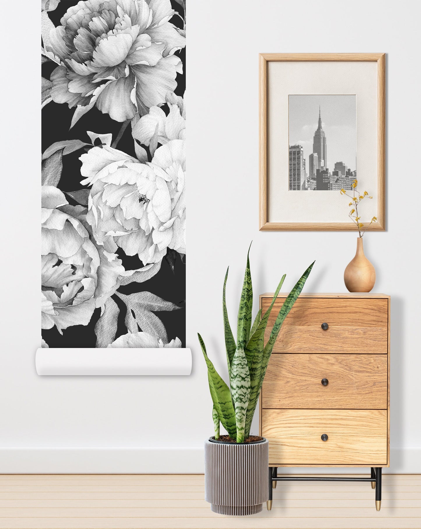 Dark Floral Wallpaper Peel and Stick, Watercolor Peony Wallpaper, Black and White Wallpaper, Removable Wall paper