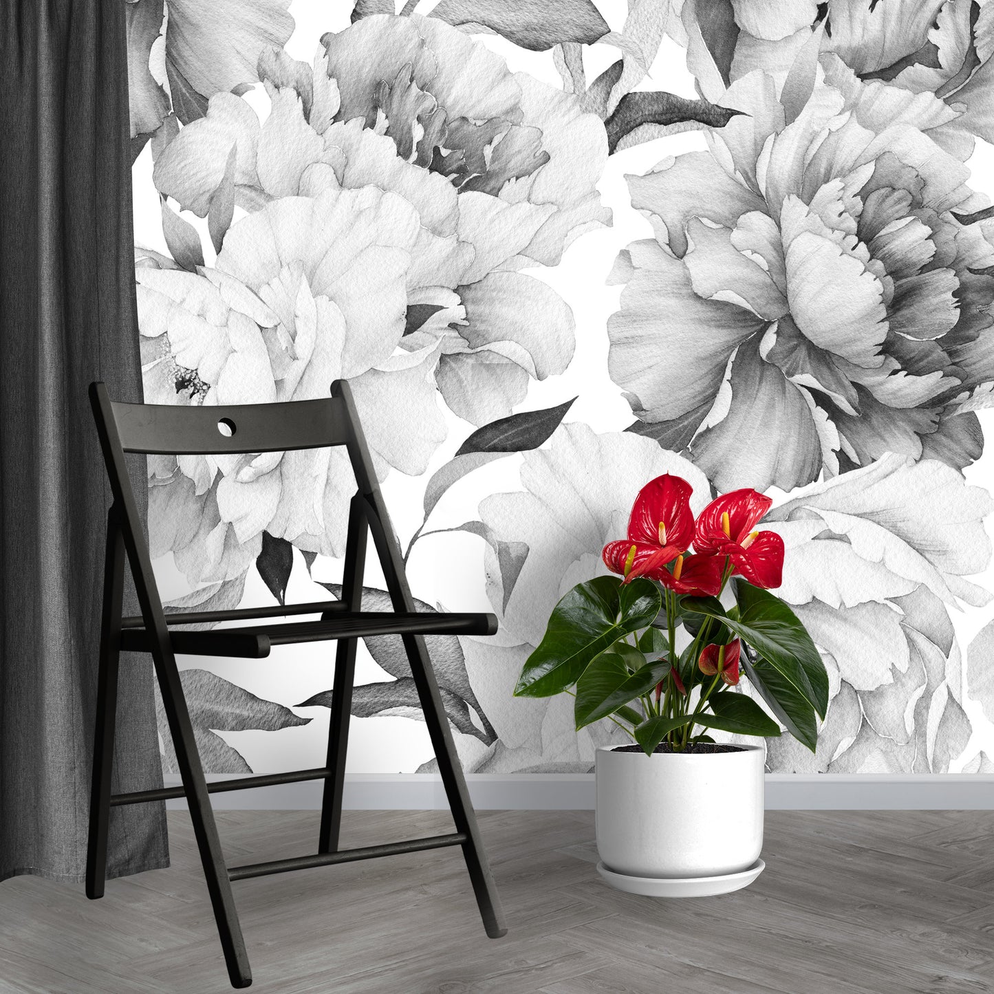 Peony Wallpaper Black and White Floral Wallpaper Peel and Stick Wallpaper Removable Wallpaper Mural