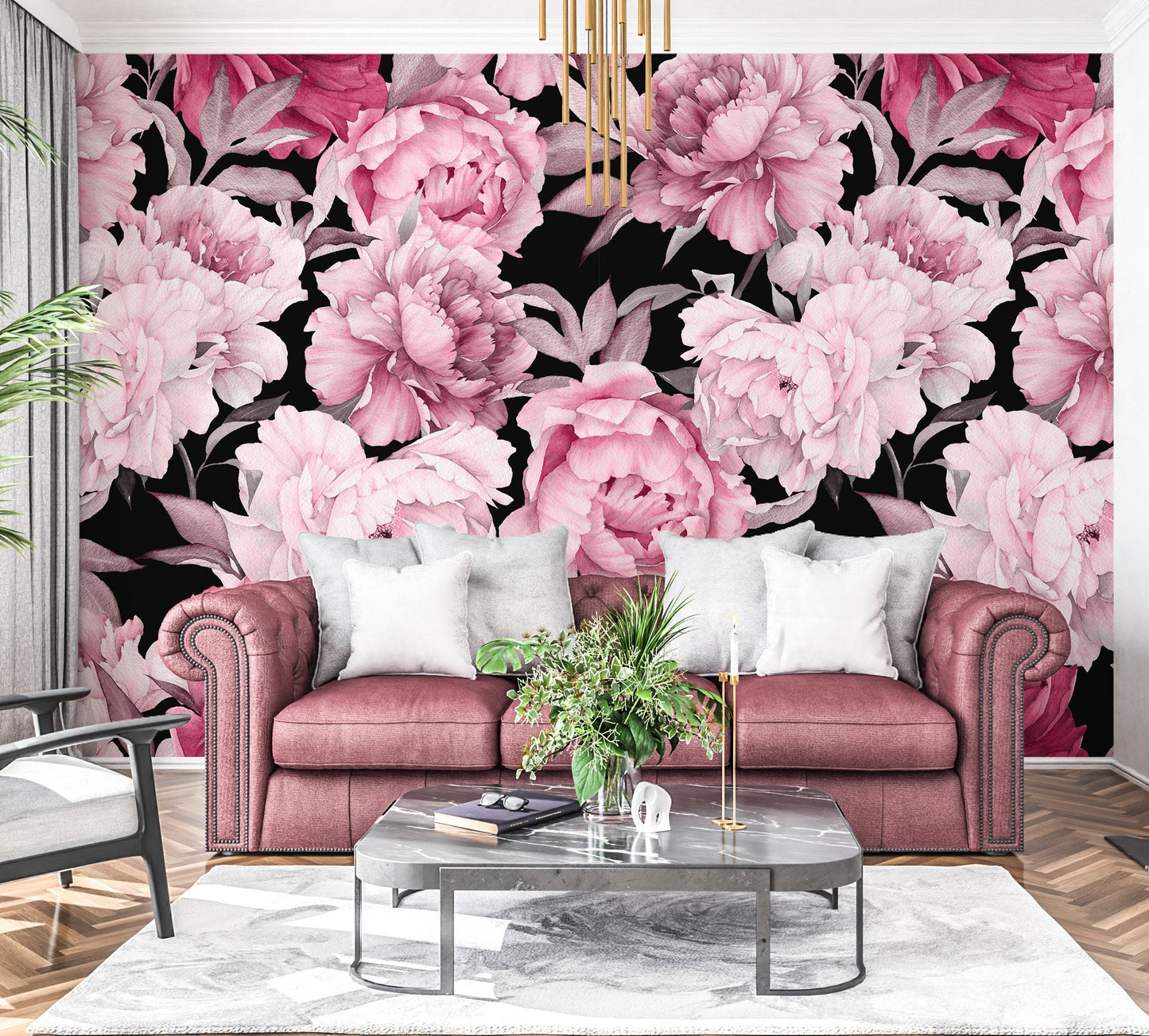 Dark Floral Wallpaper Peel and Stick, Pink Peony Wallpaper, Blossom Wallpaper, Removable Wall Paper