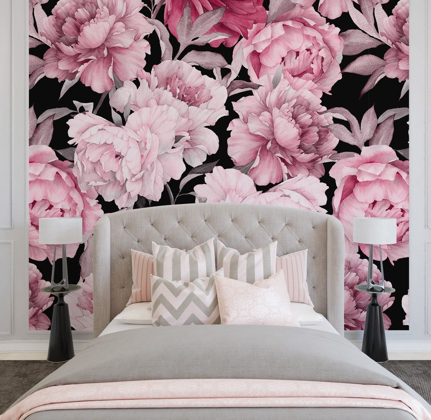 Dark Floral Wallpaper Peel and Stick, Pink Peony Wallpaper, Blossom Wallpaper, Removable Wall Paper