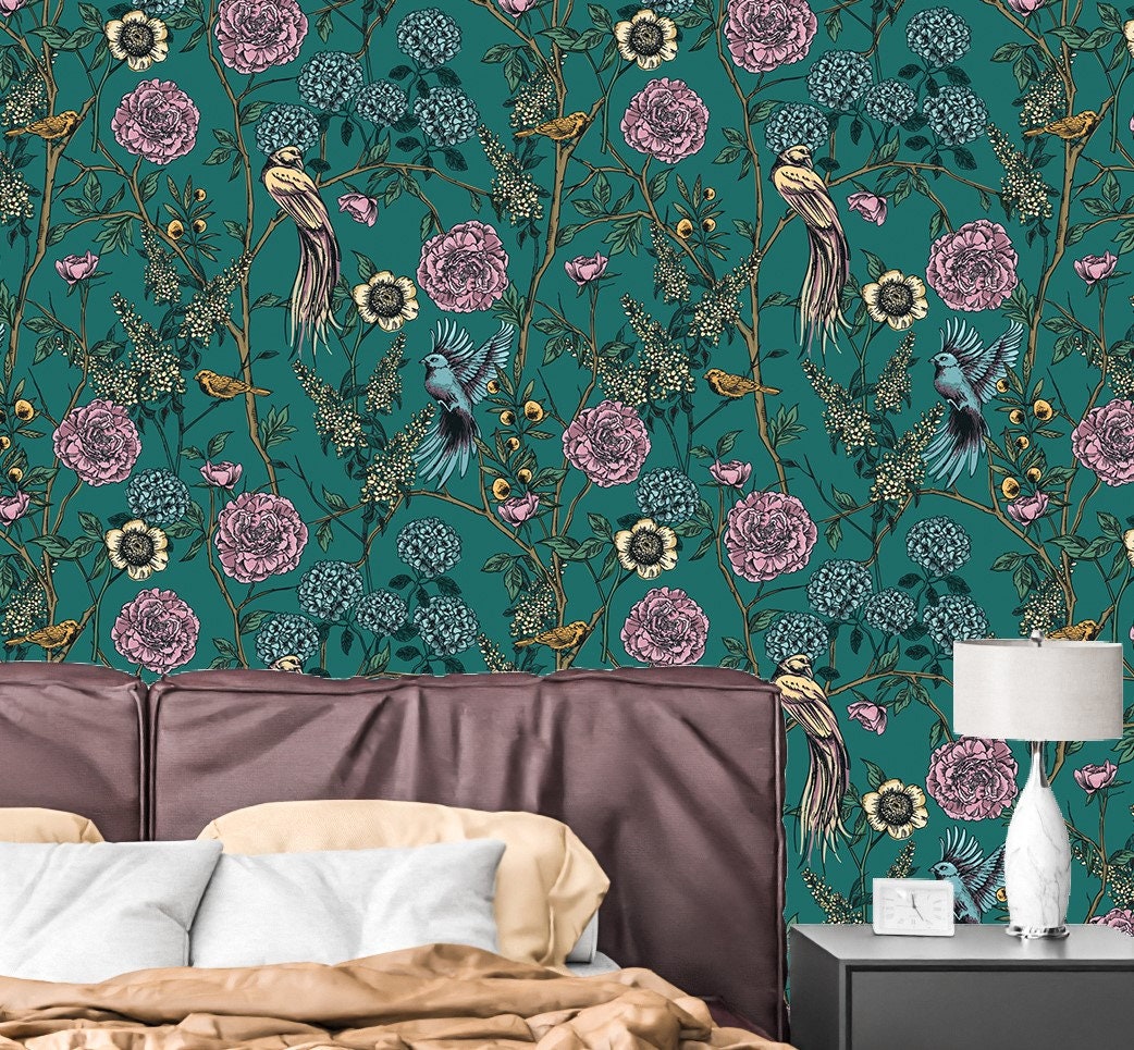 Chinoiserie Wallpaper Peel and Stick Vintage Floral Wallpaper Green Peacock Wallpaper Removable Wall Paper