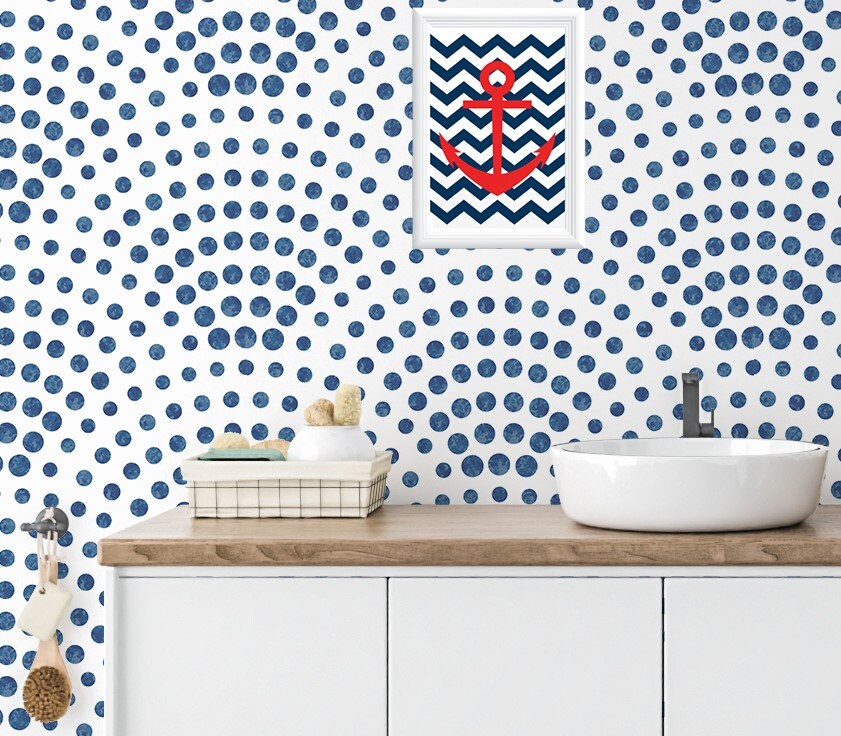 Blue Scallop Wallpaper Peel and Stick, Watercolor Dots Wallpaper, Geometric Wallpaper, Art Deco Wallpaper, Removable Wall Paper