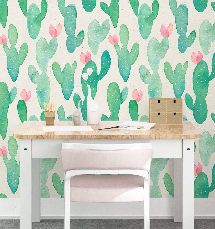 Cactus Wallpaper, Tropical Wallpaper Peel and Stick, Green Plant Wallpaper, Nursery Wallpapers, Removable Wall Paper