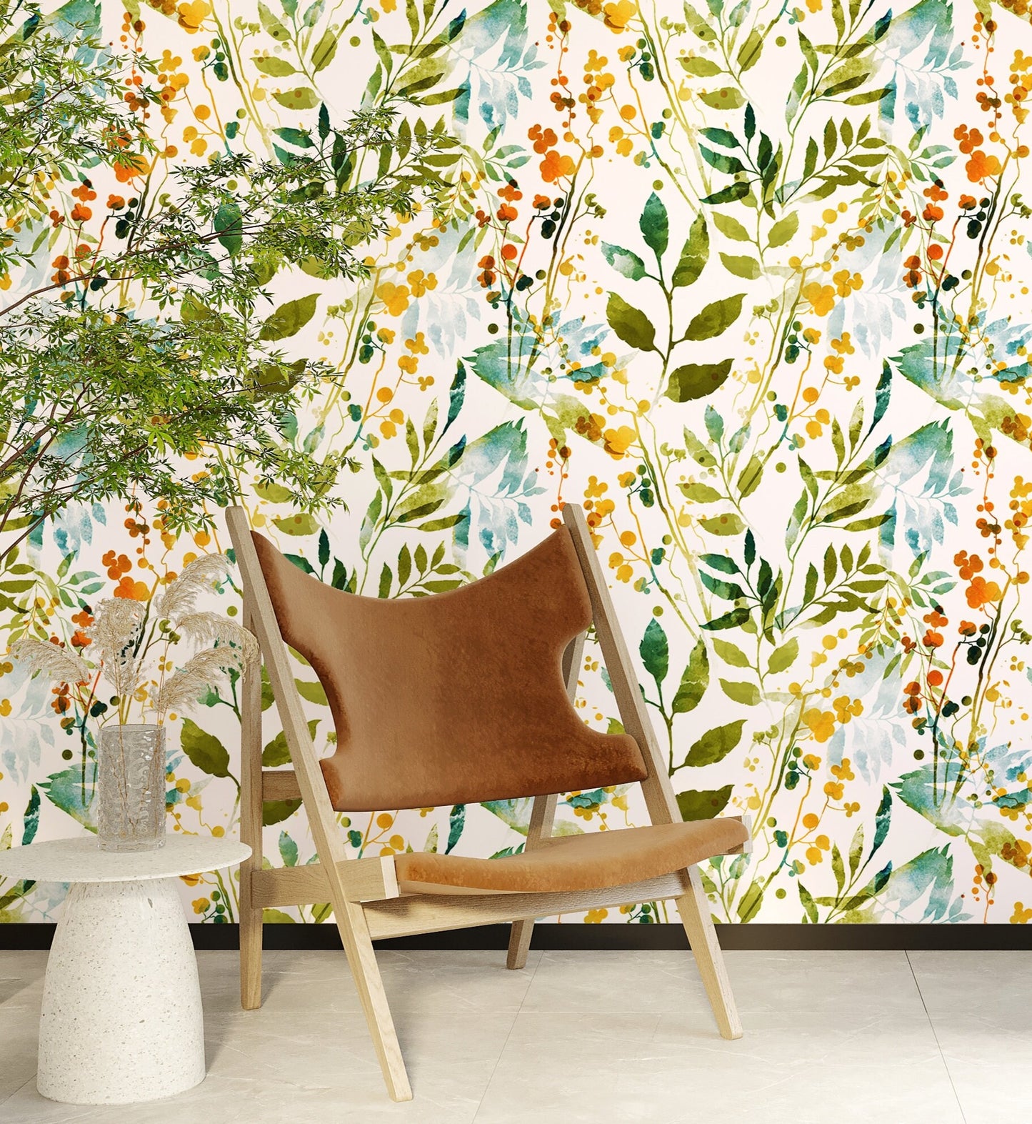 Green Leaf Wallpaper, Spring Wallpaper Peel and Stick, Botanical Wallpaper, Watercolor wallpaper, Removable Wall Paper