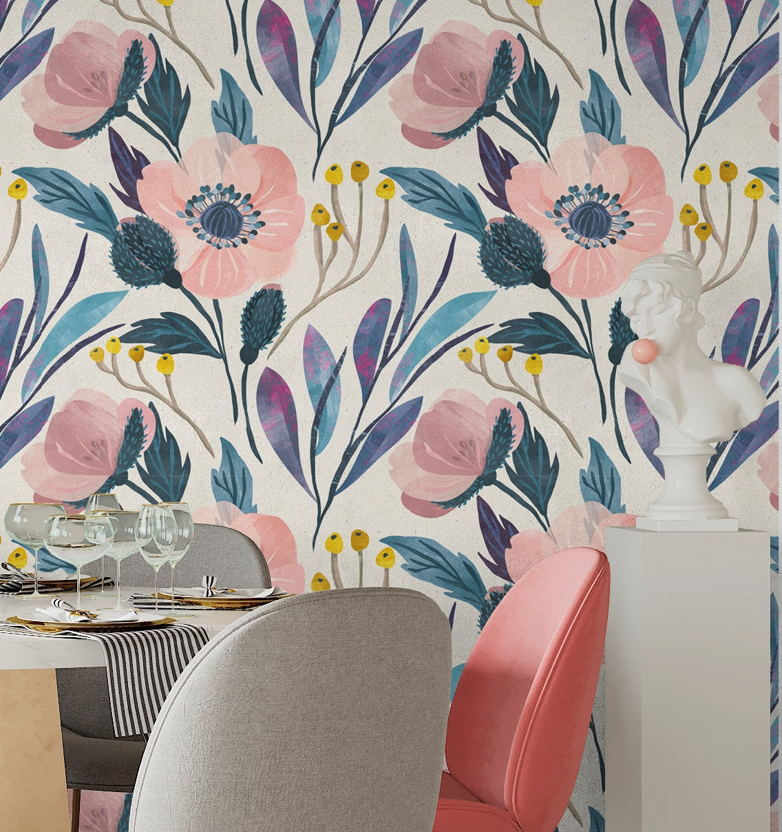 Big Flower Wallpaper, Watercolor Floral Wallpaper Peel and Stick, Pink Floral Wallpaper, Blue leaves Wallpaper, Removable Wall Paper