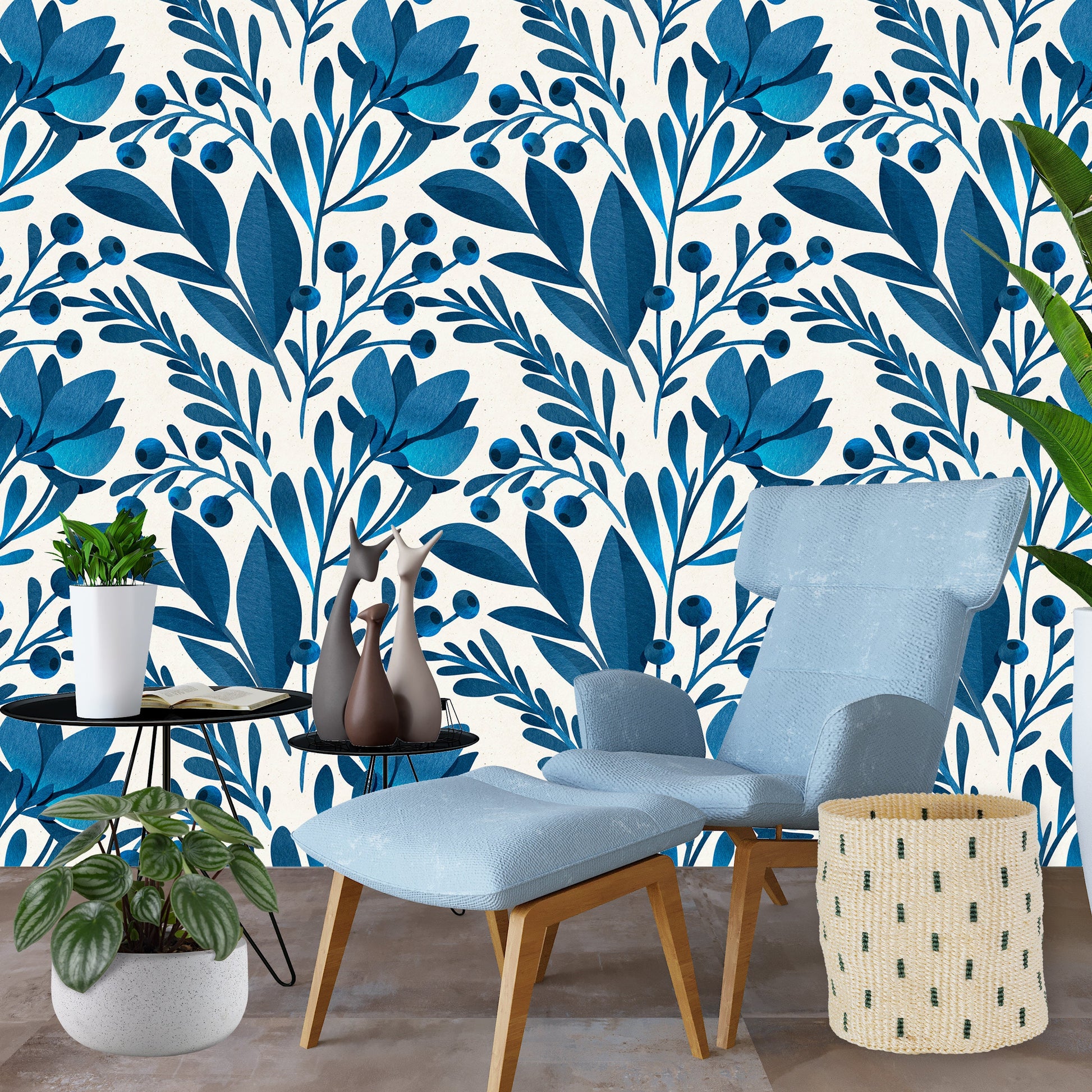 Blue Floral Wallpaper, Tropical Wallpaper, Peel and Stick Nursery Wallpaper, Tropical Leaves Wallpaper, Removable Wall Paper