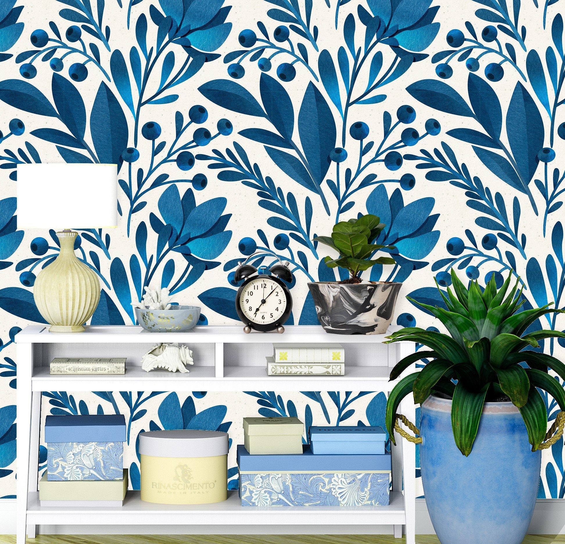 Blue Floral Wallpaper, Tropical Wallpaper, Peel and Stick Nursery Wallpaper, Tropical Leaves Wallpaper, Removable Wall Paper