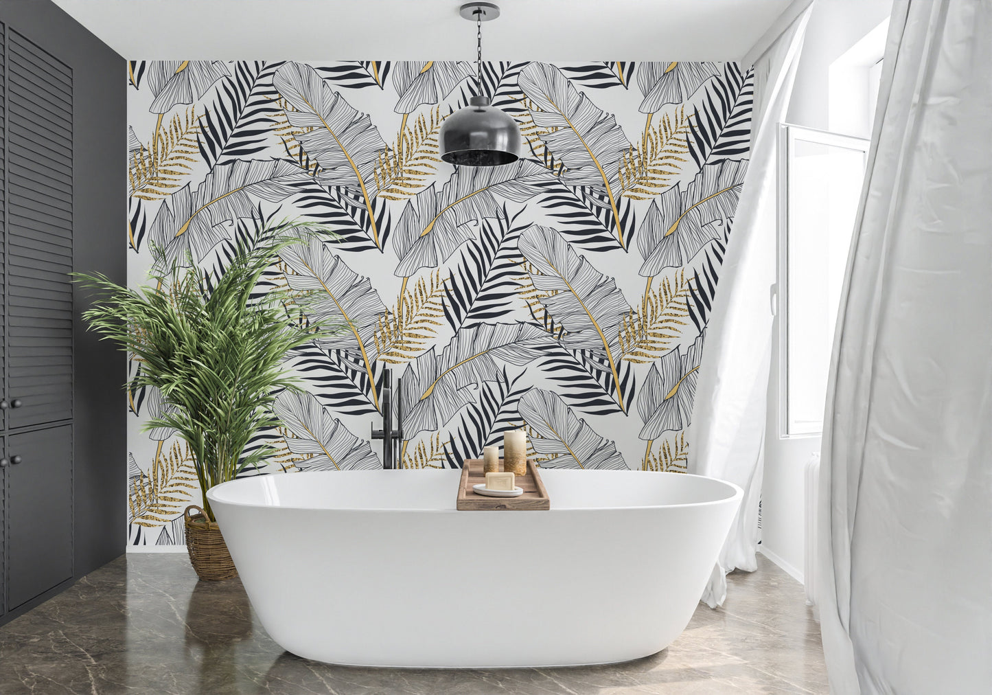 Gold Leaf Wallpaper Peel and Stick, Black and White Tropical Leaf Wallpaper, Banana Leaf Wallpaper, Palm Wallpaper, Removable Wall Paper