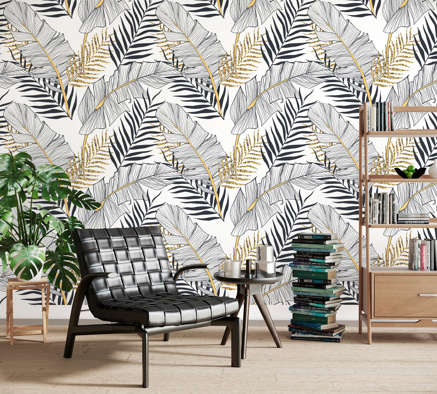 Gold Leaf Wallpaper Peel and Stick, Black and White Tropical Leaf Wallpaper, Banana Leaf Wallpaper, Palm Wallpaper, Removable Wall Paper