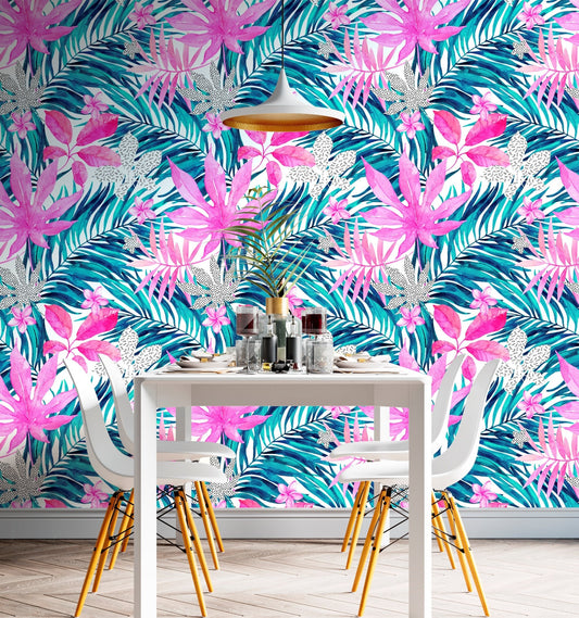 Palm Wallpaper Peel and Stick, Pink Leaf Wallpaper, Exotic Wallpaper, Tropical Wallpaper, Removable Wall Paper