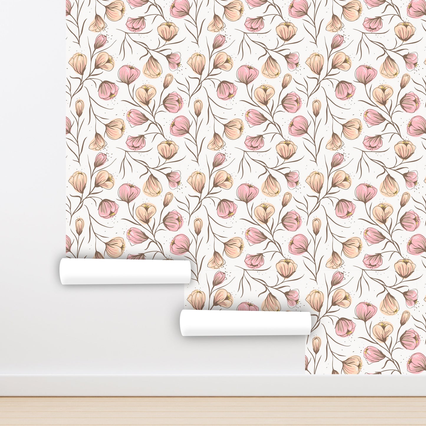 Pink Floral Wallpaper Peel and Stick, Spring Wallpaper, Farmhouse Wallpaper, Nursery Wallpaper, Removable Wall Paper