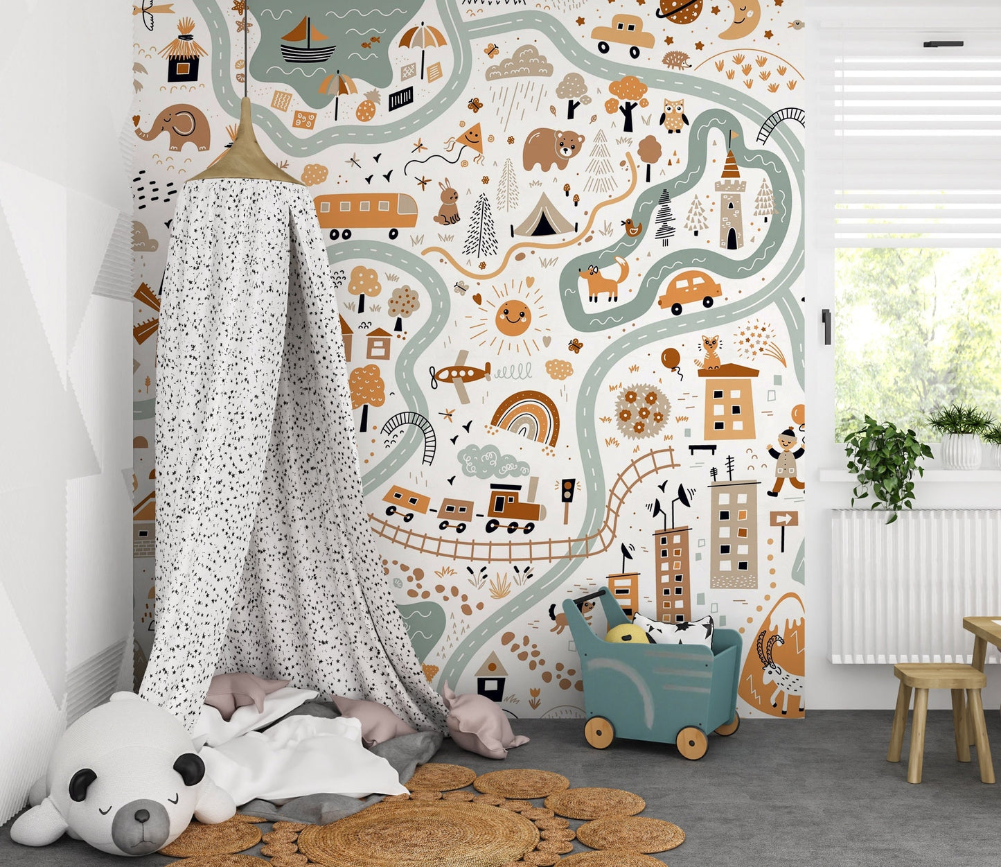 Boys Room Wallpaper, Road Wallpaper Peel and Stick, Village Wallpaper, City Map Wallpaper, Nursery Wallpaper, Removable Wall Paper