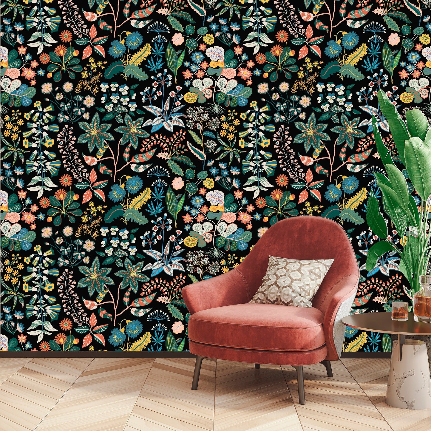 Dark Floral Wallpaper Peel and Stick, Herbs Wallpaper, Botanical Wallpaper, Removable Wall Paper
