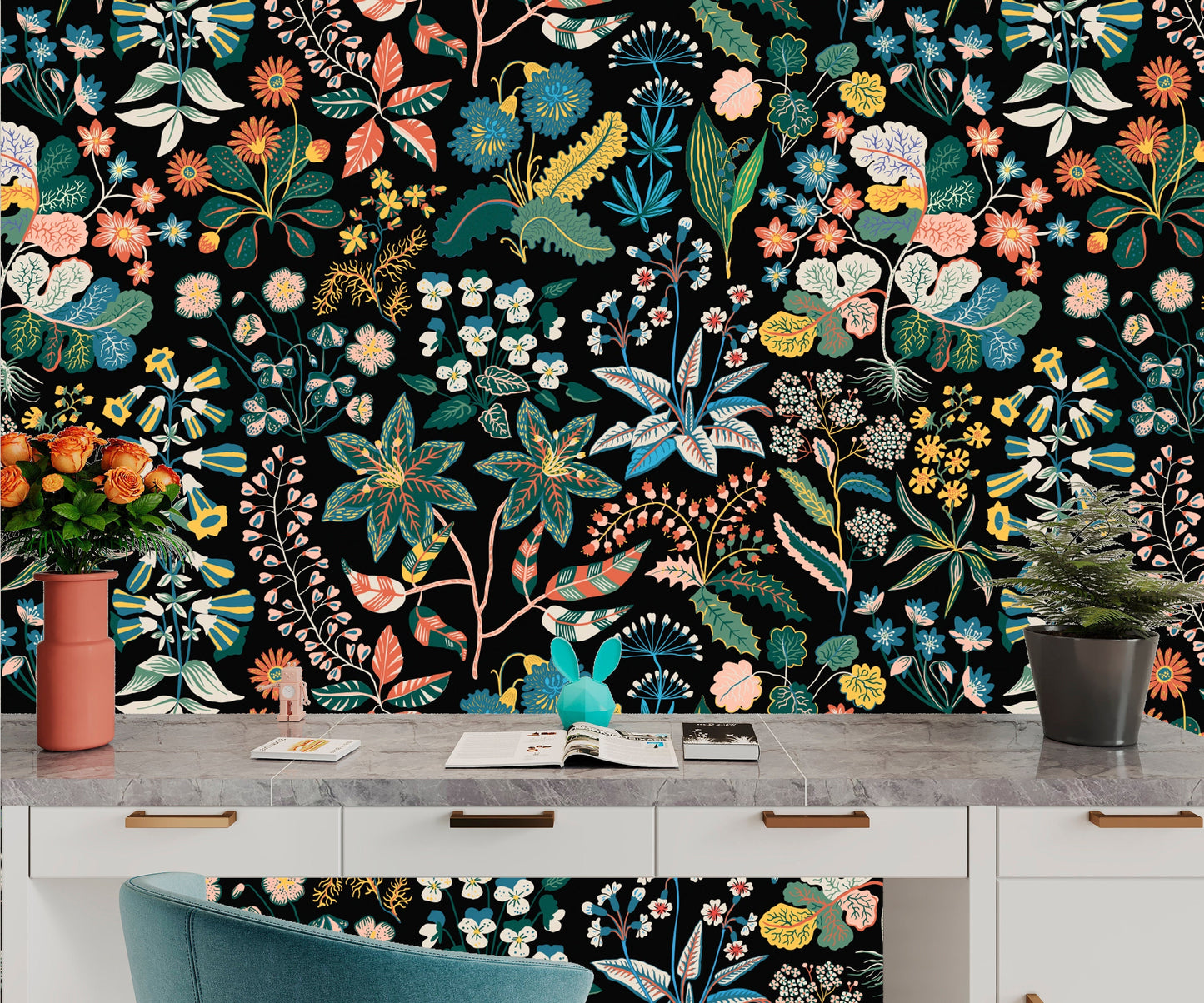 Dark Floral Wallpaper Peel and Stick, Herbs Wallpaper, Botanical Wallpaper, Removable Wall Paper