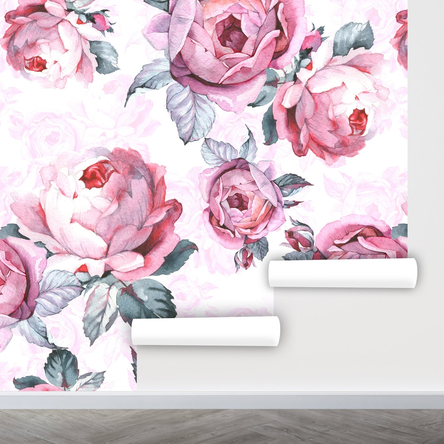 Big Flower Wallpaper Peel and Stick, Pink Roses Wallpaper, Watercolor Flowers Wallpaper, Nursery Wallpaper, Removable Wall Paper