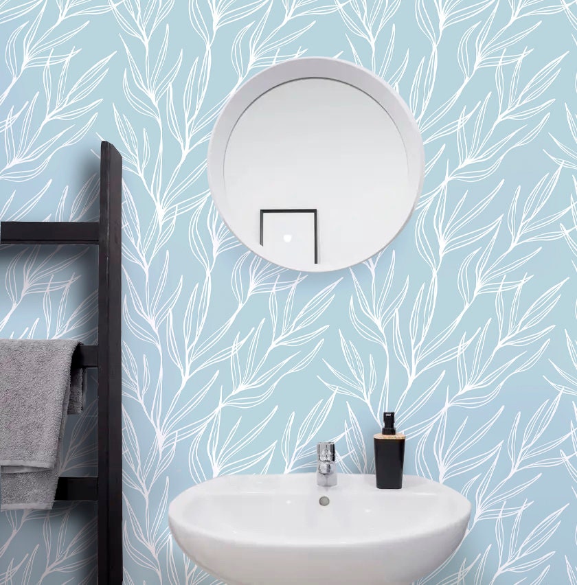 Blue Leaves Wallpaper Peel and Stick, Botanical Wallpaper, Nursery Wallpapers, Removable Wall Paper