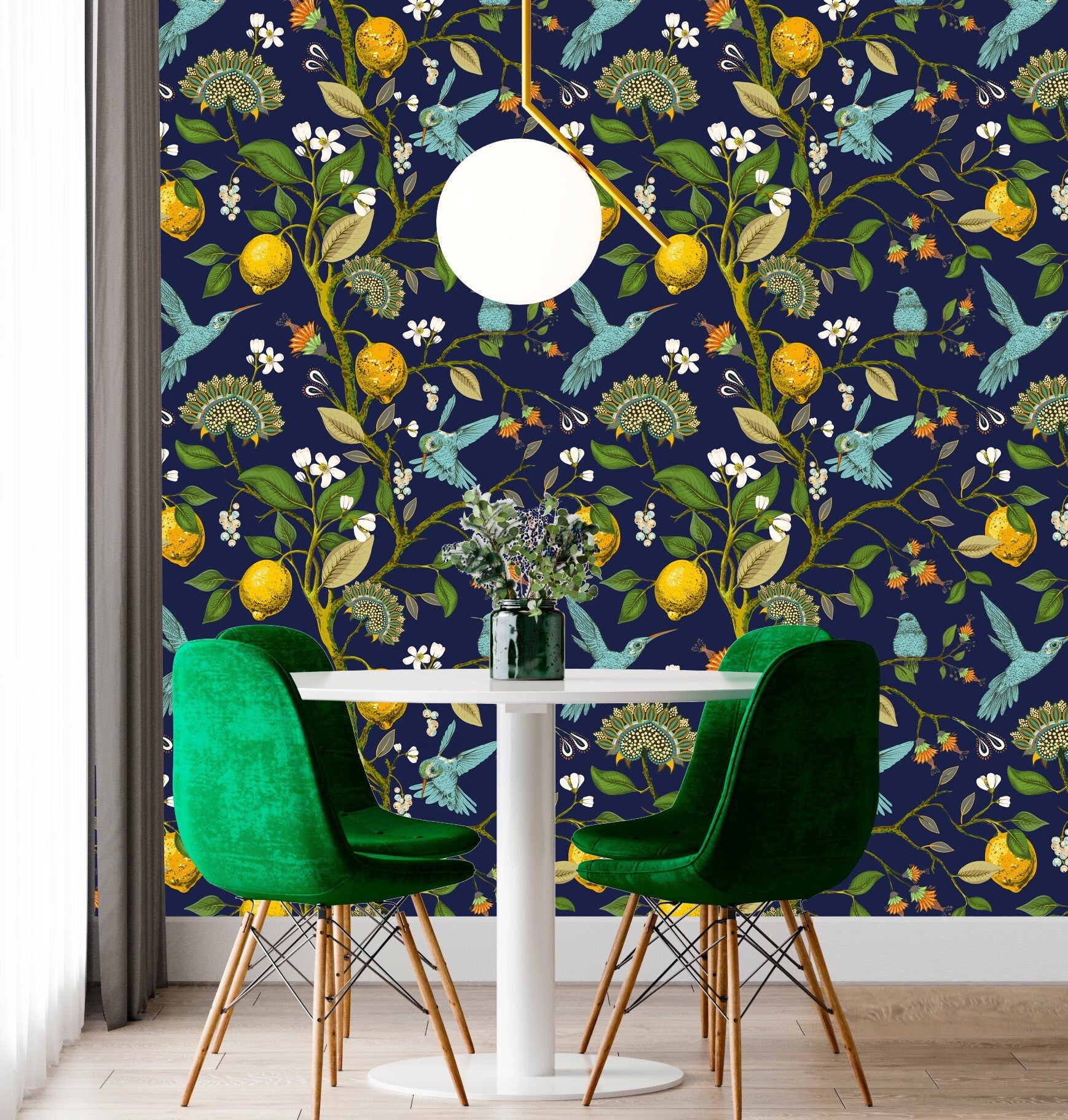 Hummingbird Wallpaper, Citrus Wallpaper, Dark Floral Wallpaper Peel and Stick, Lemon Wallpaper, Removable Wall Paper