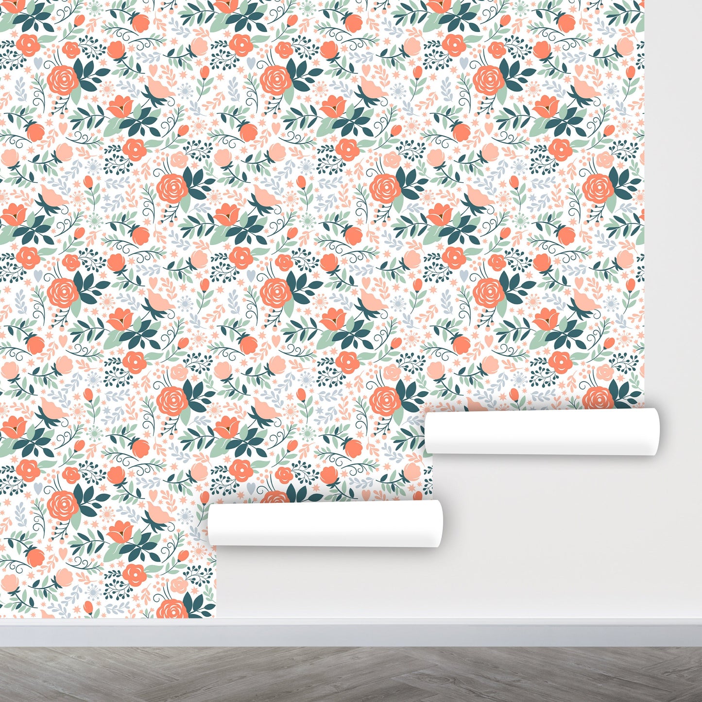 Peach Floral Wallpaper Peel and Stick, Blooms Wallpaper, Botanical Wallpaper, Nursery Wallpaper, Removable Wall Paper