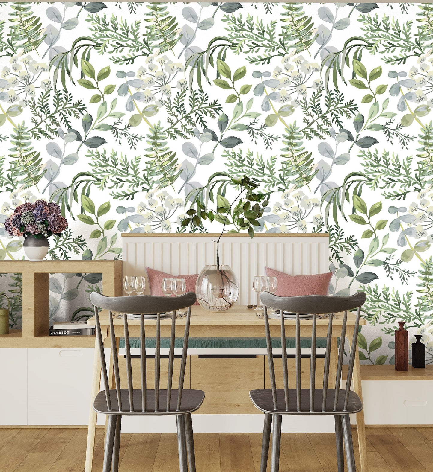 Fern Wallpaper, Watercolor Leaf Wallpaper Peel and Stick, Botanical Wallpaper, Removable Wall Paper