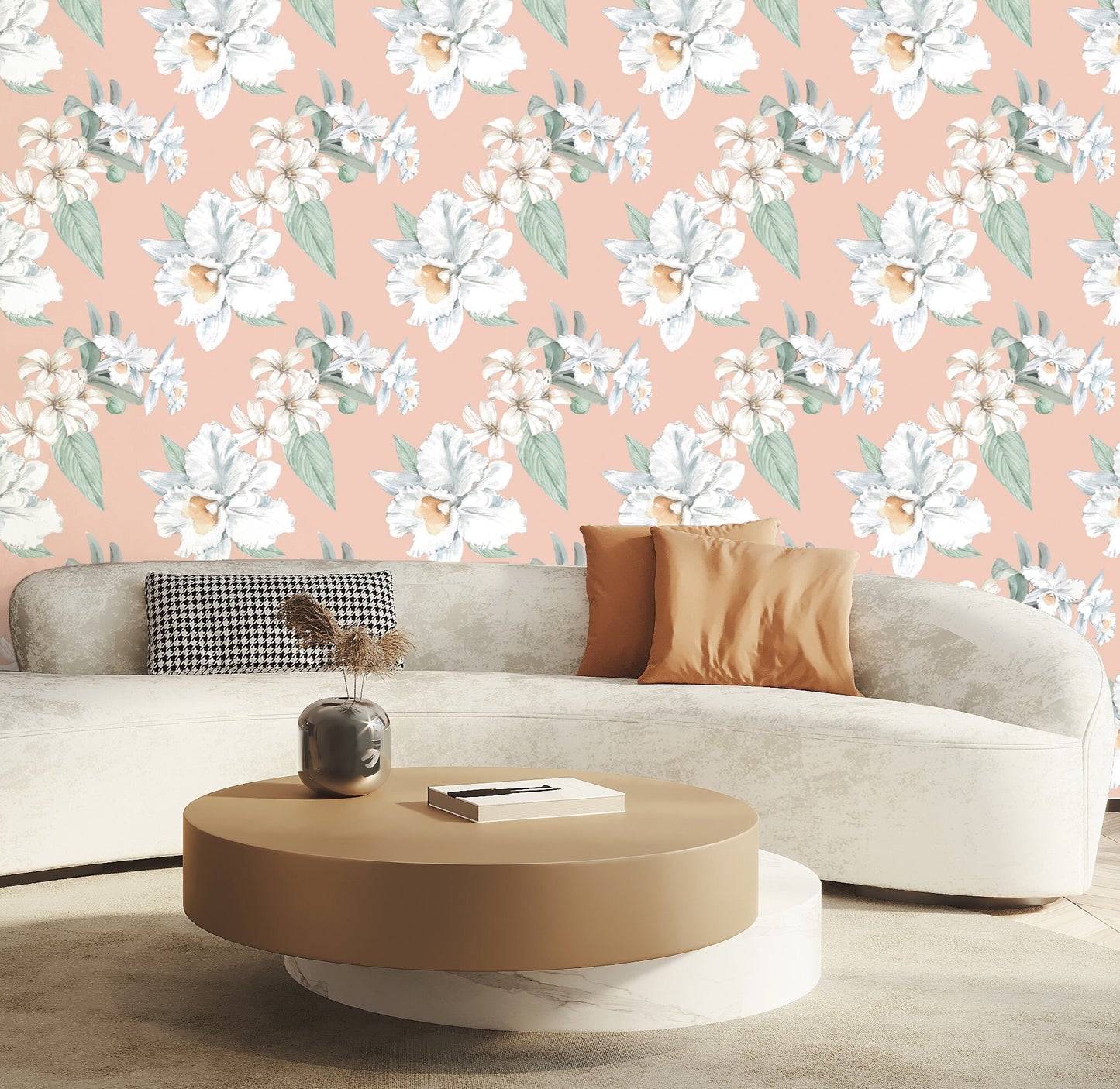 Orchid Wallpaper Peel and Stick, Peach Floral Wallpaper, Tropical Wallpaper, Removable Wall Paper