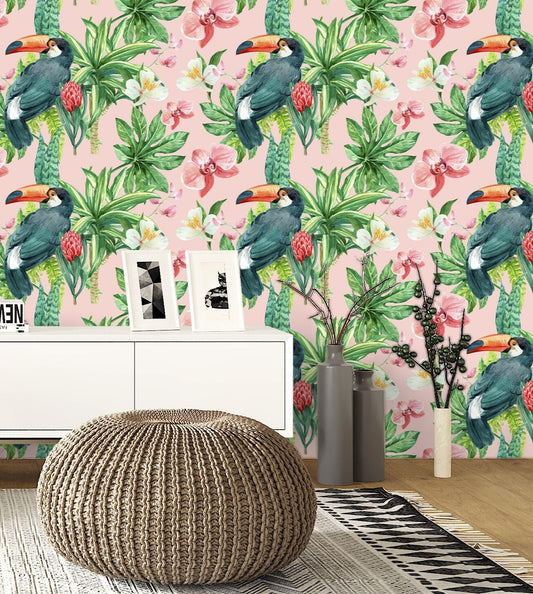 Parrot Wallpaper, Tropical Wallpaper Peel and Stick, Orchid Wallpaper, Green Leaf Wallpaper, Removable Wall Paper