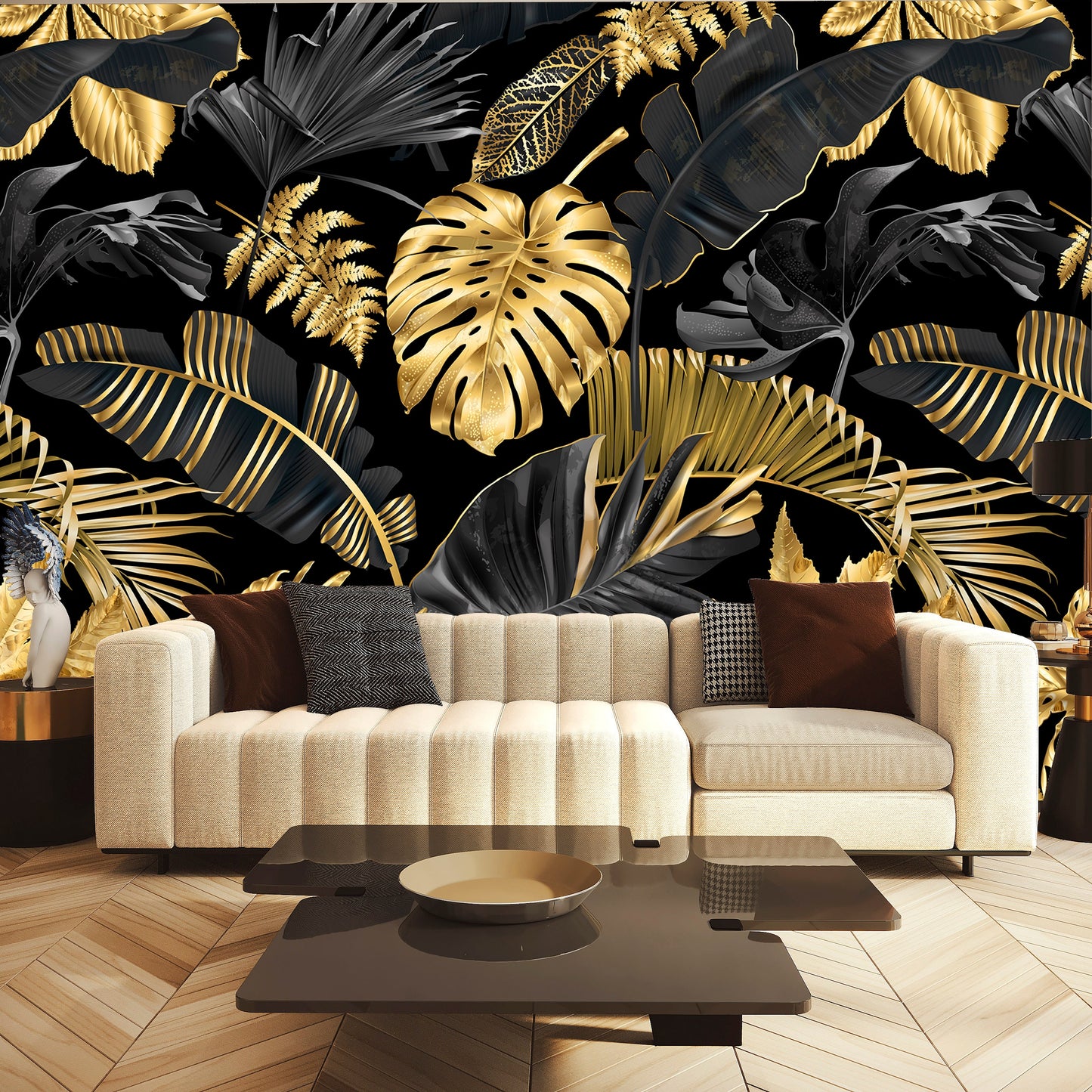 Gold Leaf Wallpaper Peel and Stick, Black and Gold Wallpaper, Palm Leaf Wallpaper, Removable Wall Paper