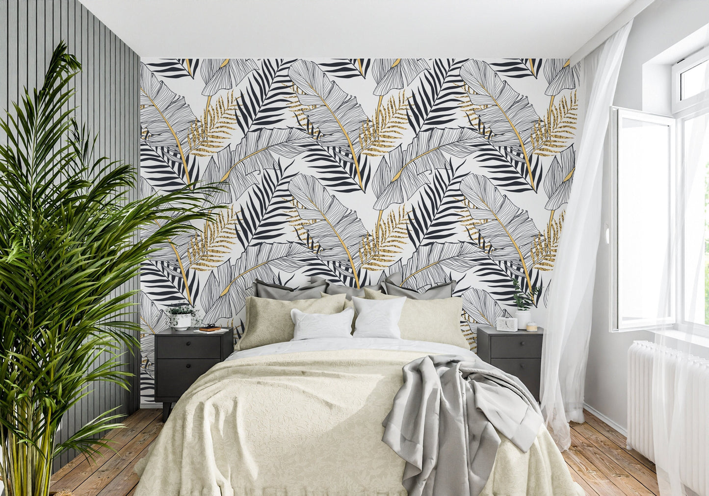 Gold Leaf Wallpaper Peel and Stick, Black and White Tropical Leaf Wallpaper, Banana Leaf Wallpaper, Palm Wallpaper, Removable Wall Paper