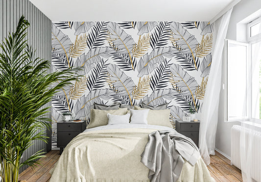 Gold Leaf Wallpaper Peel and Stick, Black and White Tropical Leaf Wallpaper, Banana Leaf Wallpaper, Palm Wallpaper, Removable Wall Paper