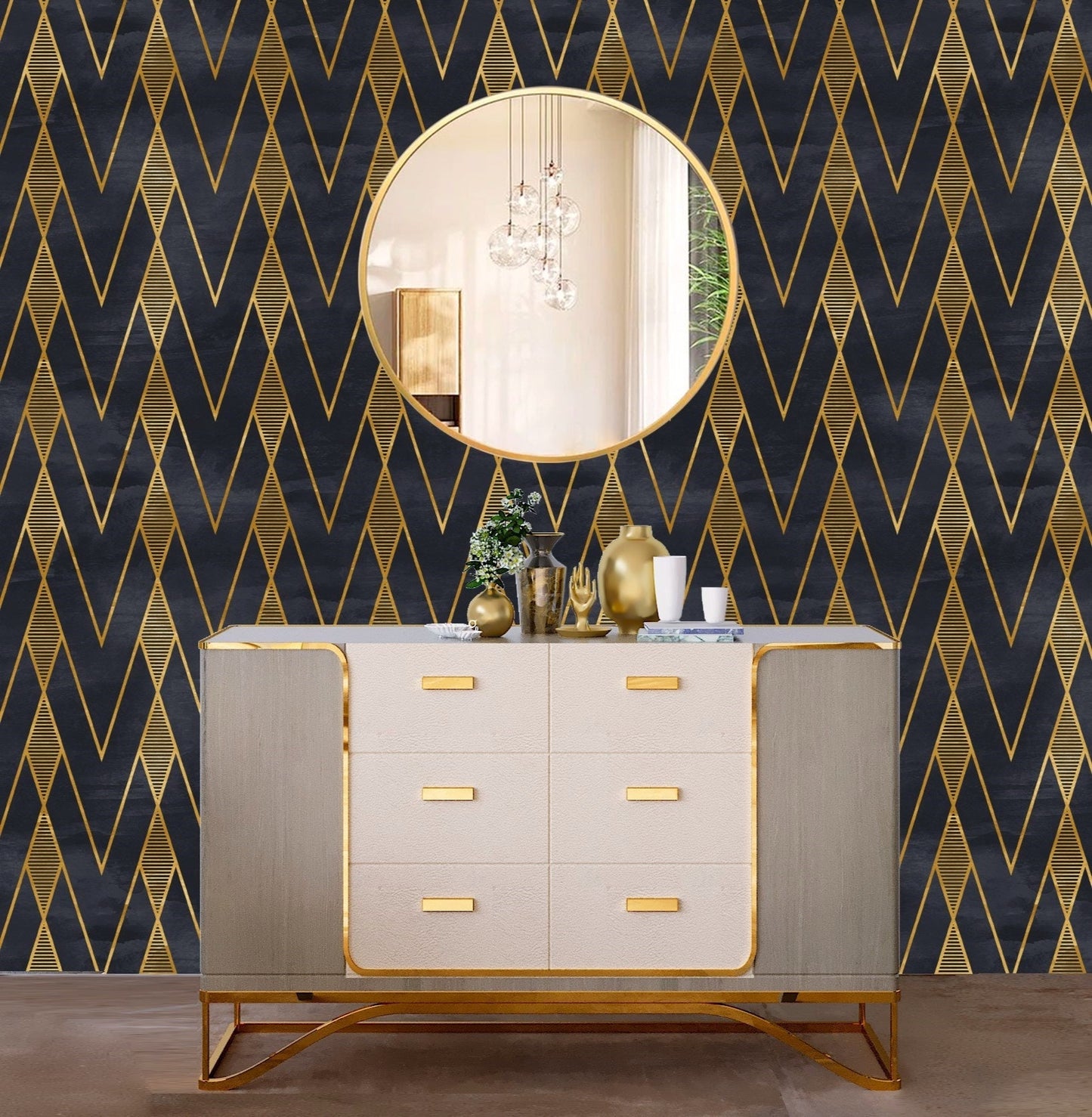 Black and Gold Wallpaper Peel and Stick, Geometric Wallpaper, Removable Wall Paper