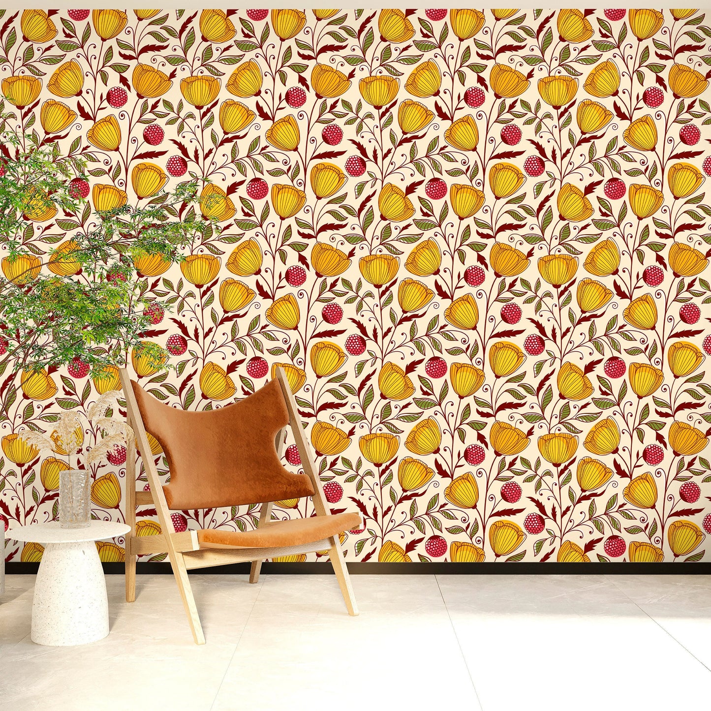 Yellow Floral Wallpaper Peel and Stick, Raspberry Wallpaper, Removable Wall Paper