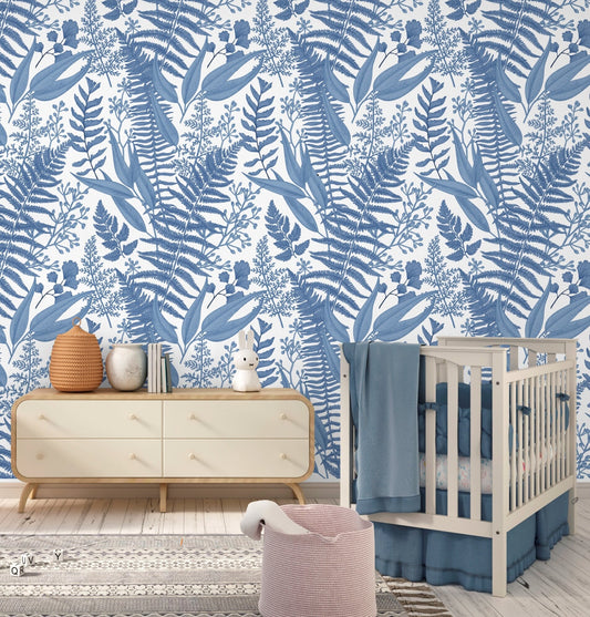 Blue Leaf Wallpaper Peel and Stick, Fern Wallpaper, Tropical Leaves Wallpaper, Removable Wall Paper