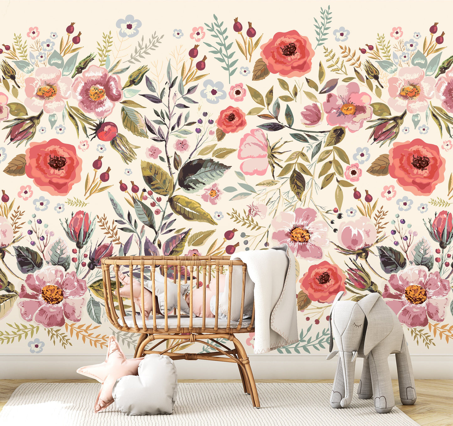 Watercolor Floral Wallpaper Peel and Stick, Beige Wallpaper, Nursery Wallpaper, Removable Wall Paper