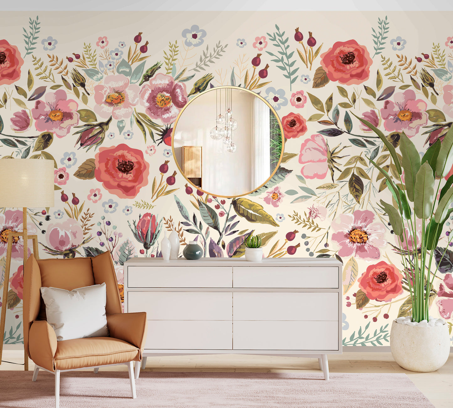 Watercolor Floral Wallpaper Peel and Stick, Beige Wallpaper, Nursery Wallpaper, Removable Wall Paper