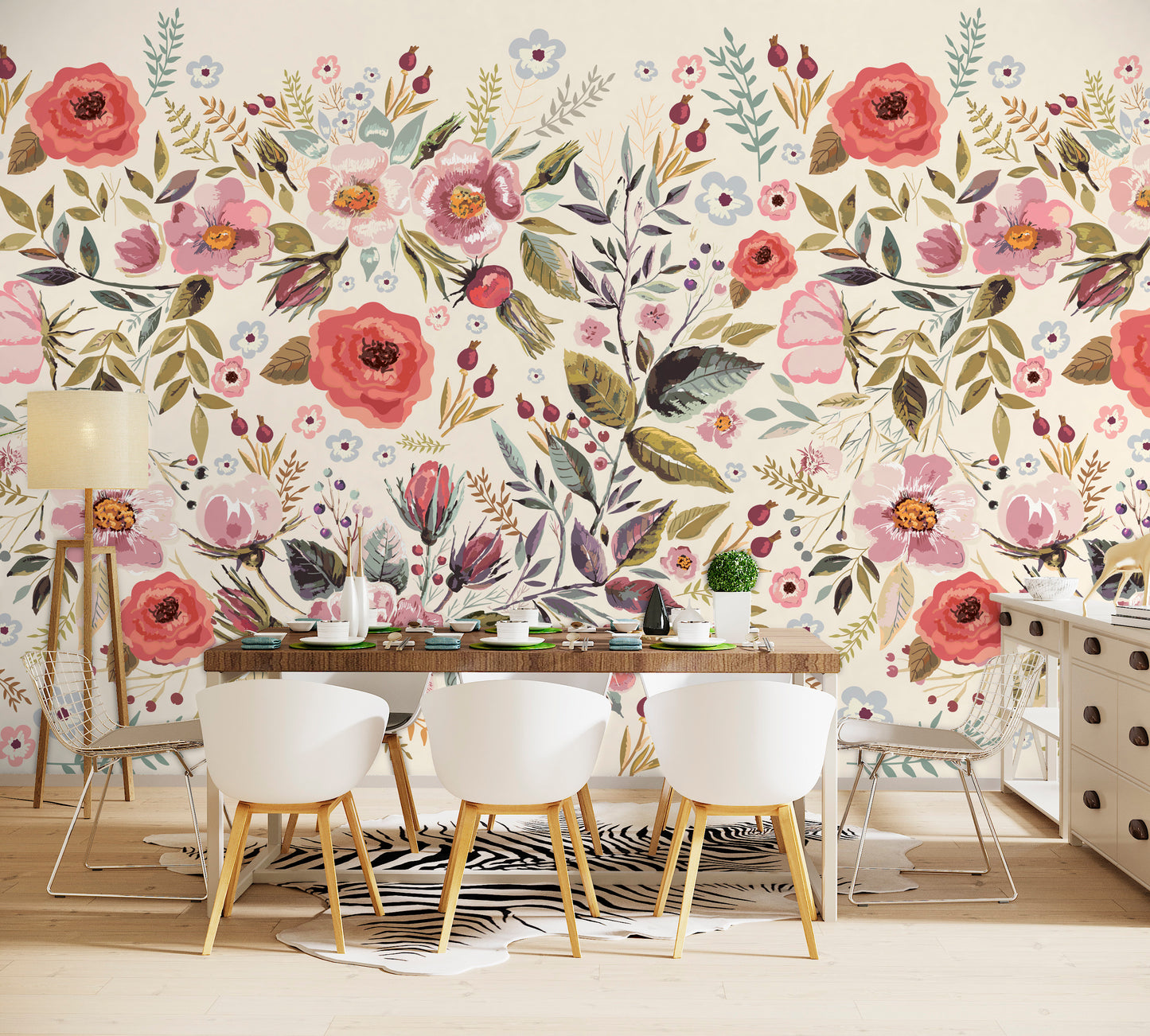 Watercolor Floral Wallpaper Peel and Stick, Beige Wallpaper, Nursery Wallpaper, Removable Wall Paper