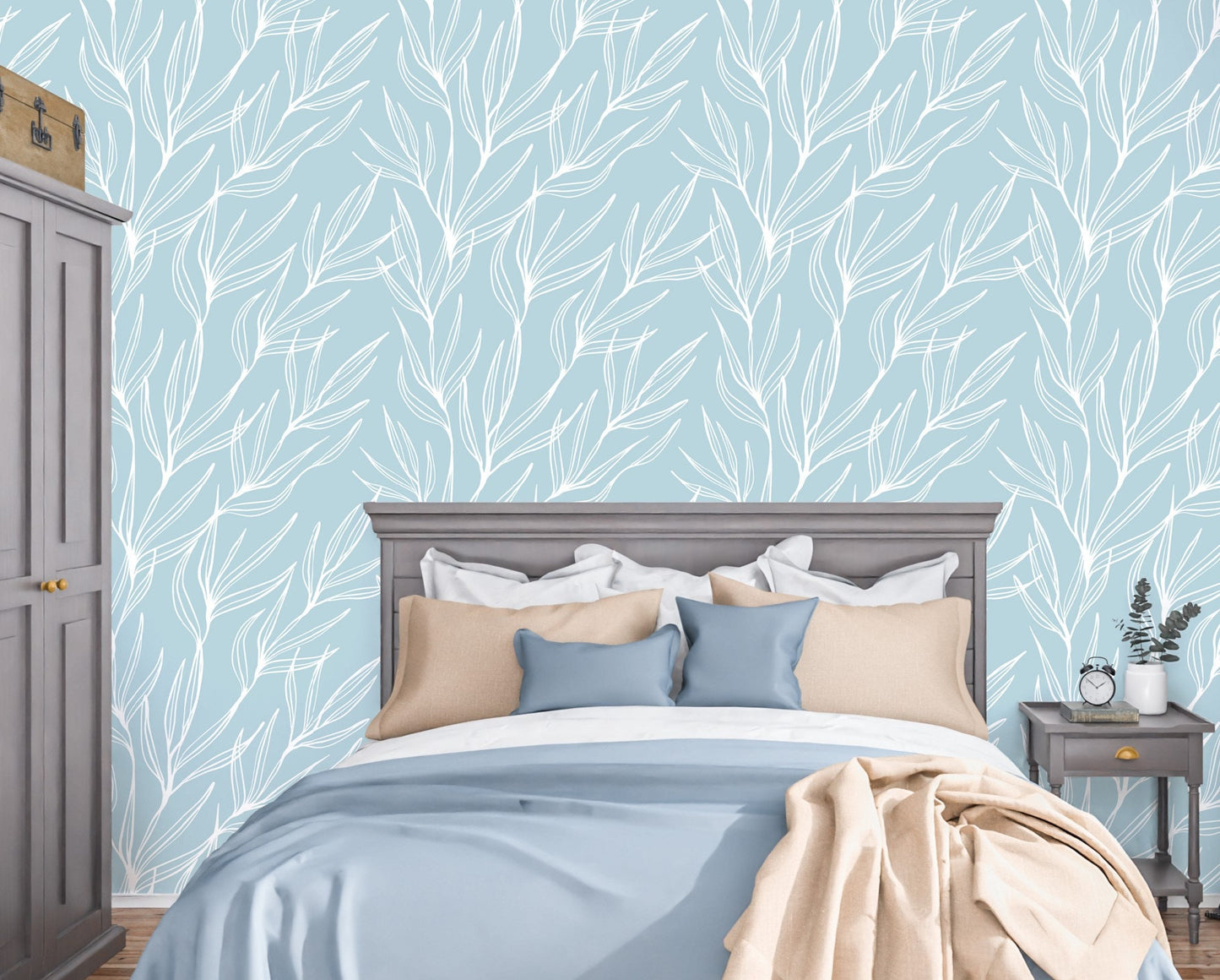 Blue Leaves Wallpaper Peel and Stick, Botanical Wallpaper, Nursery Wallpapers, Removable Wall Paper