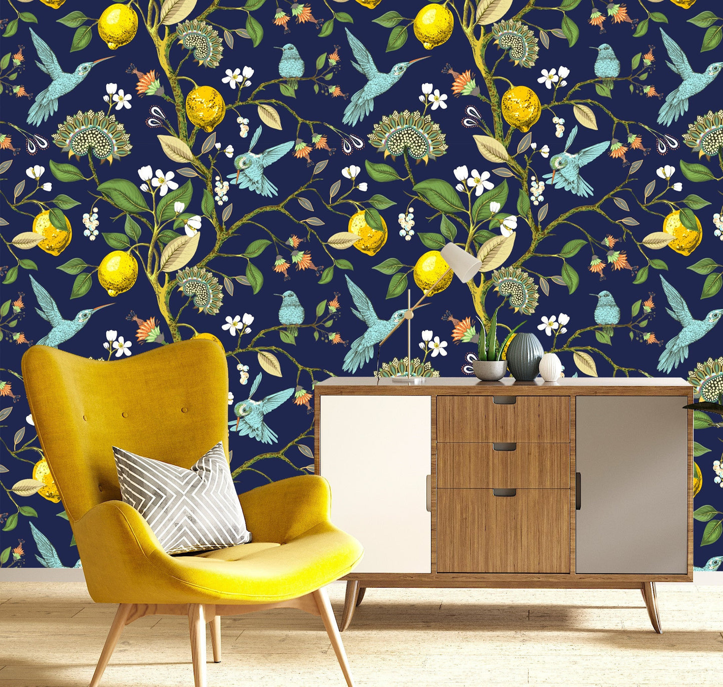 Hummingbird Wallpaper, Citrus Wallpaper, Dark Floral Wallpaper Peel and Stick, Lemon Wallpaper, Removable Wall Paper
