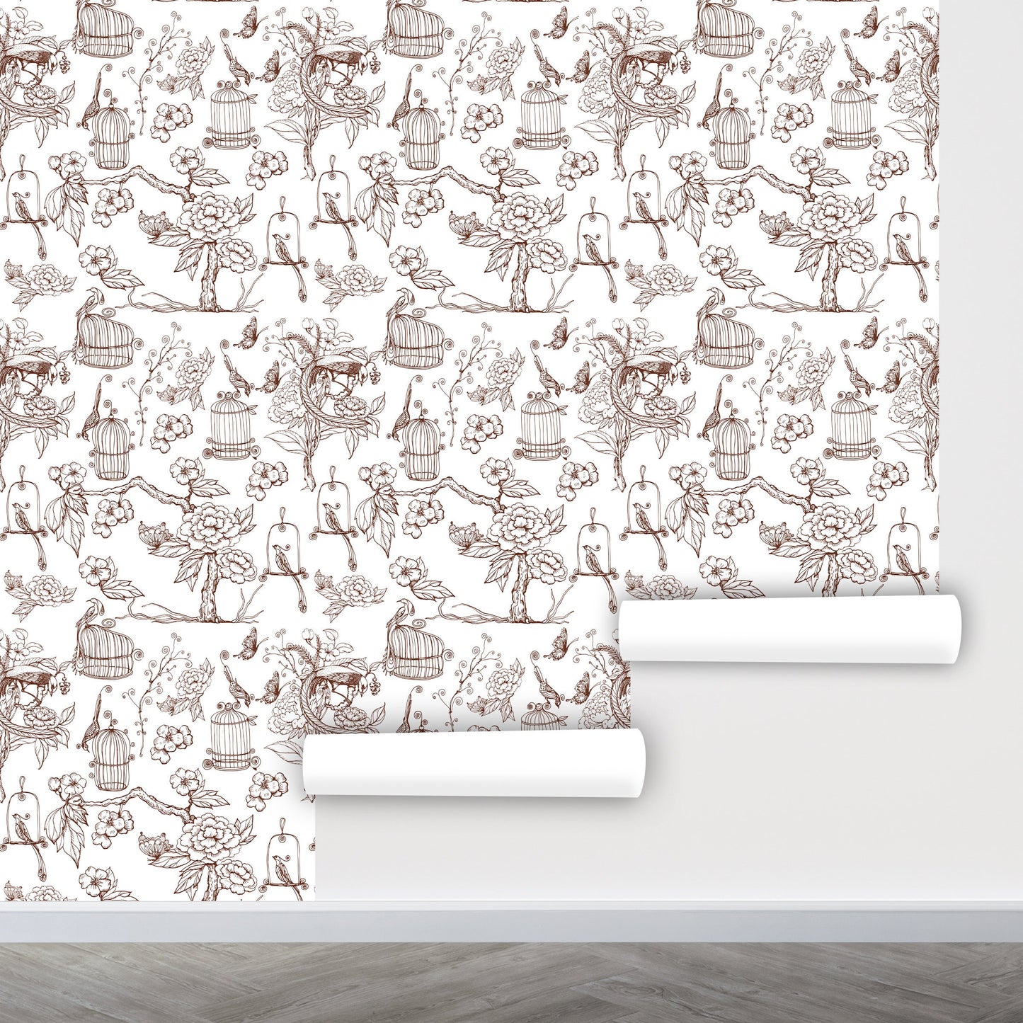 Bird Cage Wallpaper, Asian Wallpaper Peel and Stick, Hand Drawn Wallpaper, Removable Wall Paper