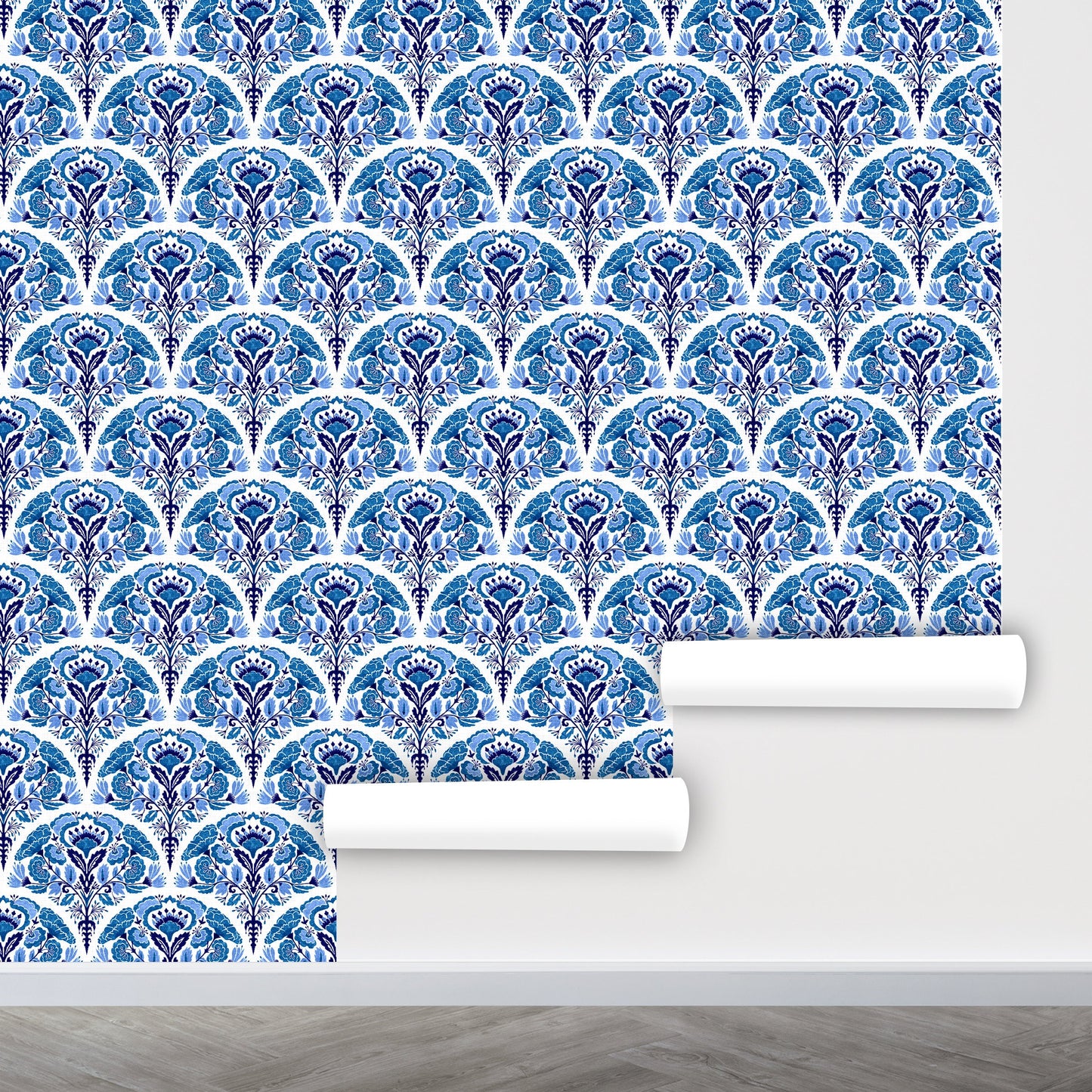 Blue Tiles Wallpaper Peel and Stick, Porcelain Wallpaper, Rococo Wallpaper, Damask Wallpaper, Removable Wall Paper