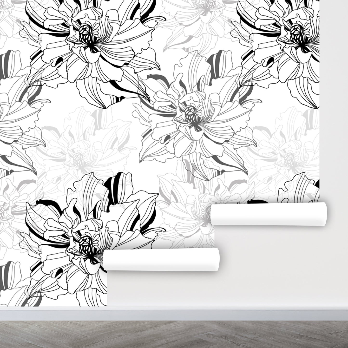 Black and White Peony Wallpaper Peel and Stick, Large Flowers Wallpaper, Removable Wall Paper