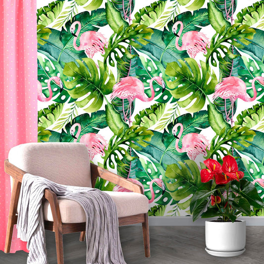 Flamingo Wallpaper Peel and Stick, Palm Wallpaper, Tropical Wallpaper, Removable Wall Paper