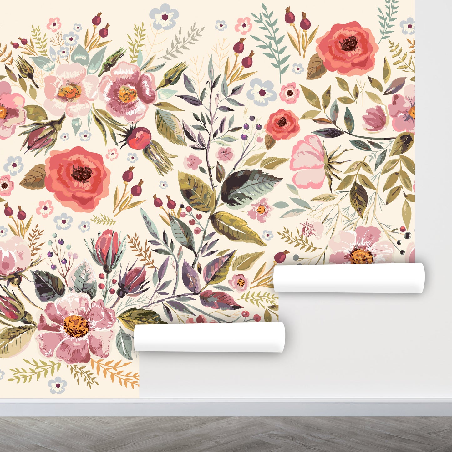 Watercolor Floral Wallpaper Peel and Stick, Beige Wallpaper, Nursery Wallpaper, Removable Wall Paper