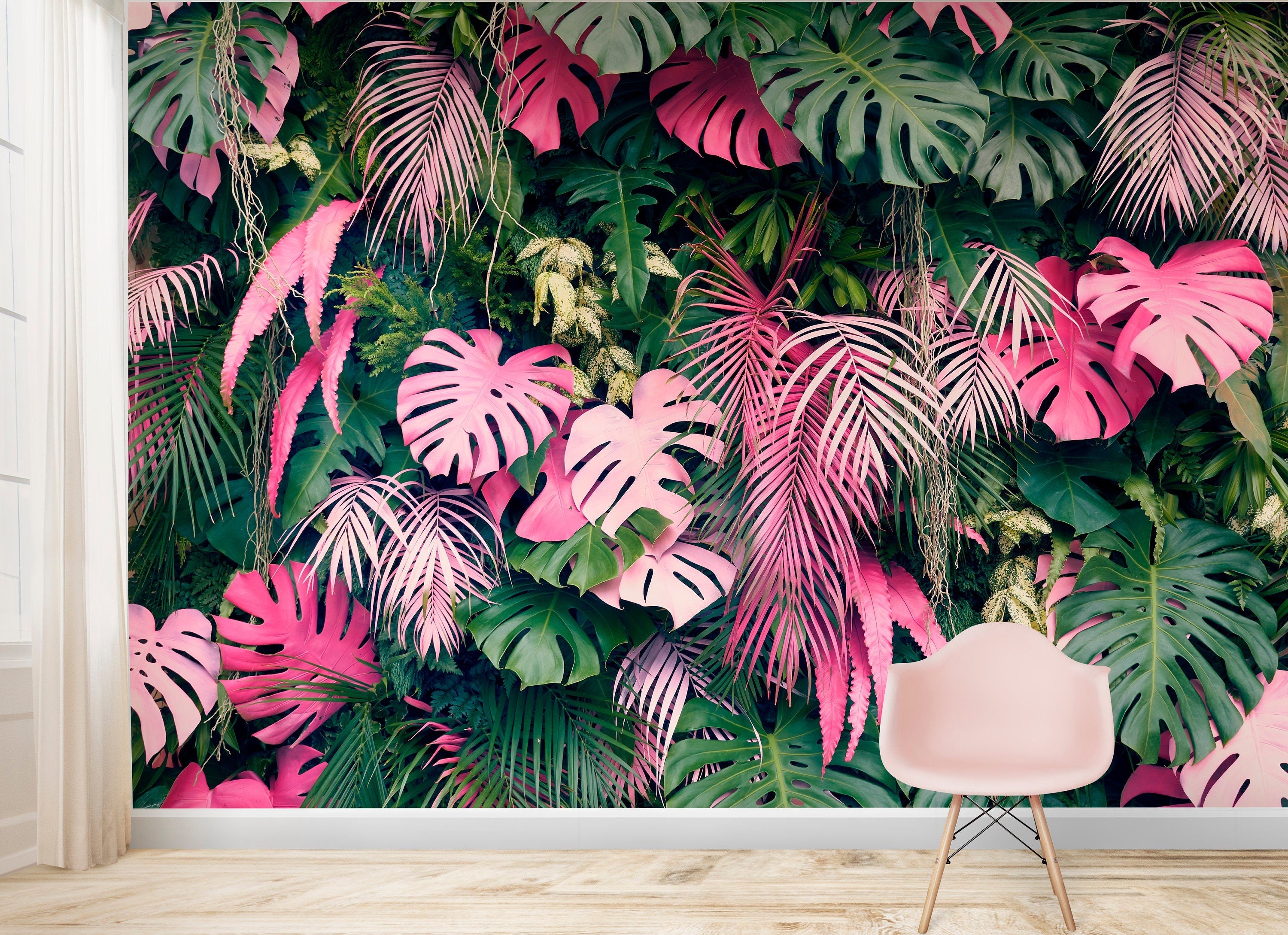 Pink Leaf Wallpaper Peel and Stick, Exotic Wallpaper, Colorful Wallpap