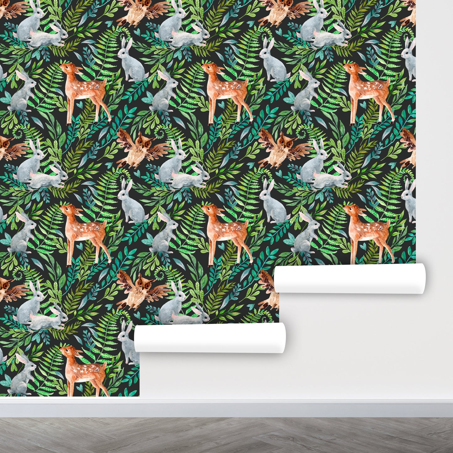 Forest Animal Wallpaper Peel and Stick, Woodland Wallpaper, Dark Rabbit Wallpaper, Owl Wallpaper, Removable Wall Paper