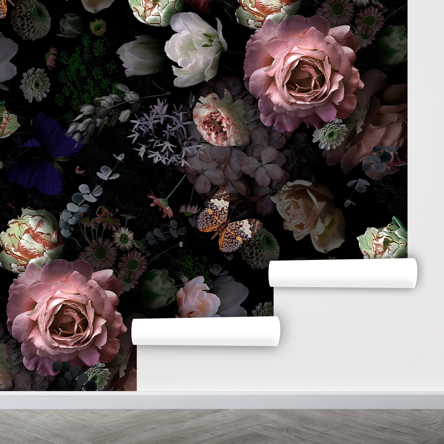 Dark Floral Wallpaper Peel and Stick, Pink Roses Wallpaper, Floral Wall Mural, Removable Wall Paper