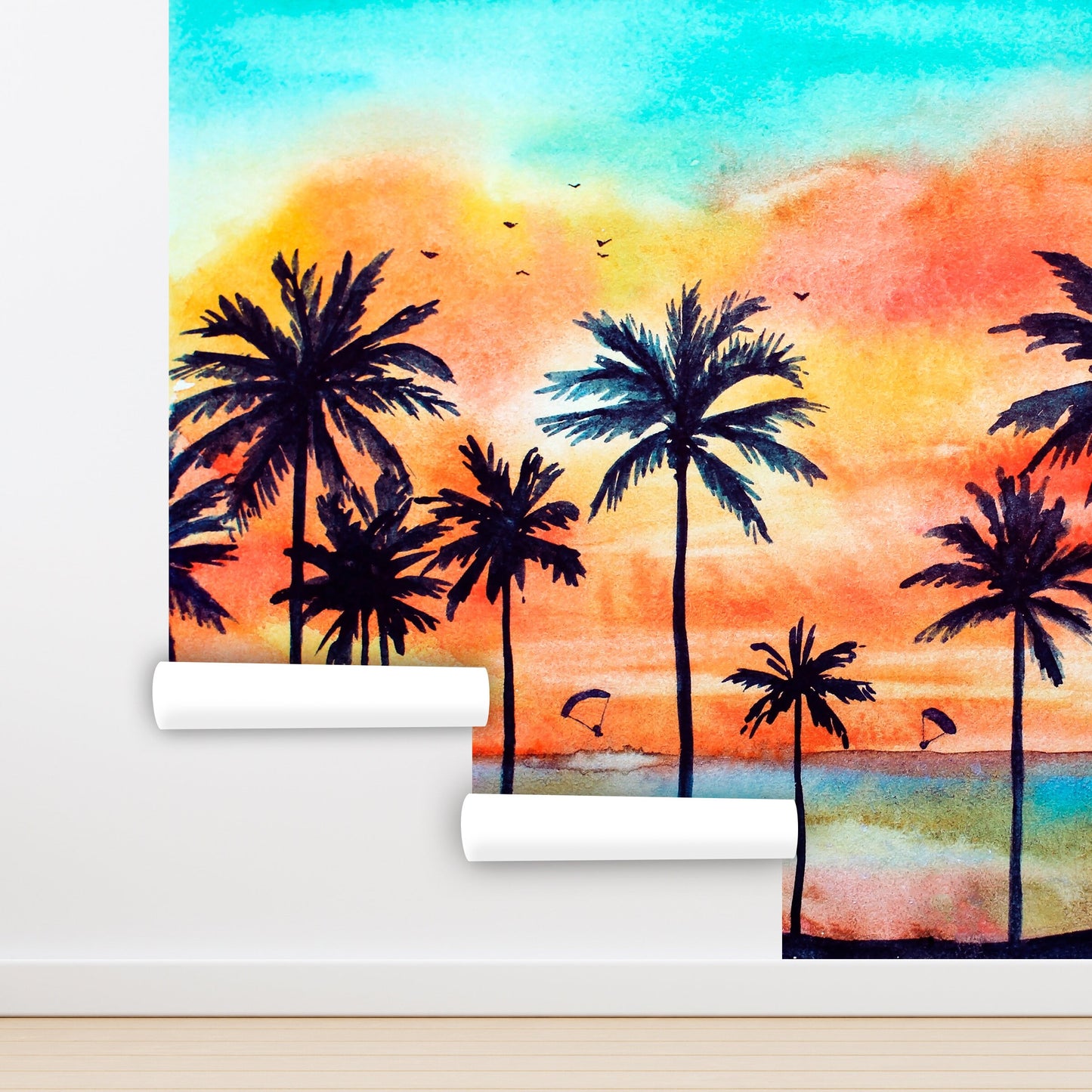 Palm Beach Wallpaper Peel and Stick, Sunset Wallpaper, Watercolor Wallpaper, Removable Wall Paper