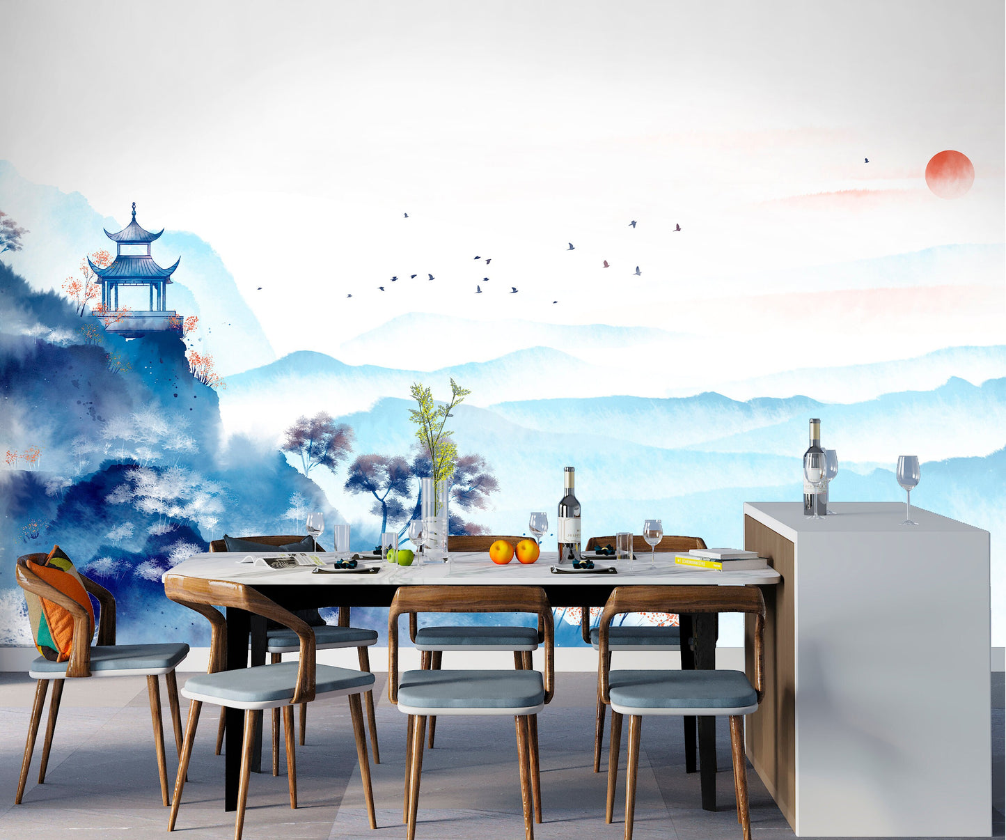 Japanese Wallpaper Peel and Stick, Watercolor Landscape Wallpaper, Oriental Wallpaper, Removable Wall Paper
