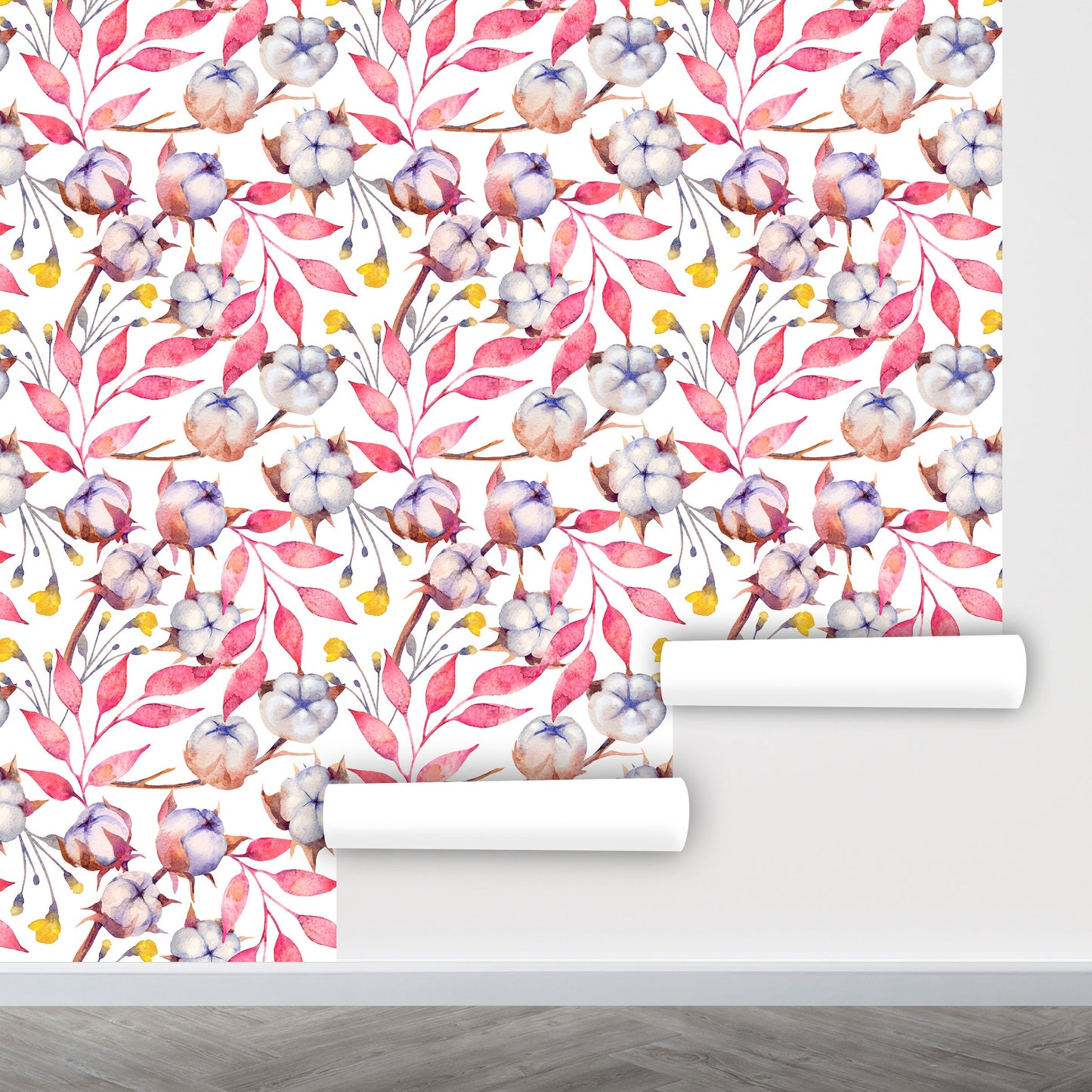 Cotton Wallpaper Peel and Stick, Pink Leaf Wallpaper, Botanical Wallpaper, Removable Wall Paper