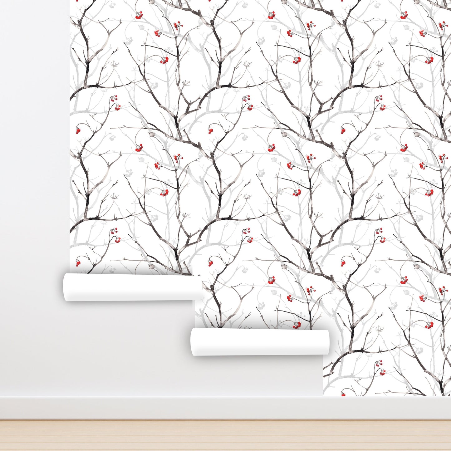 Branches Wallpaper Peel and Stick, Berries Wallpaper, Botanical Wallpaper, Removable Wall Paper